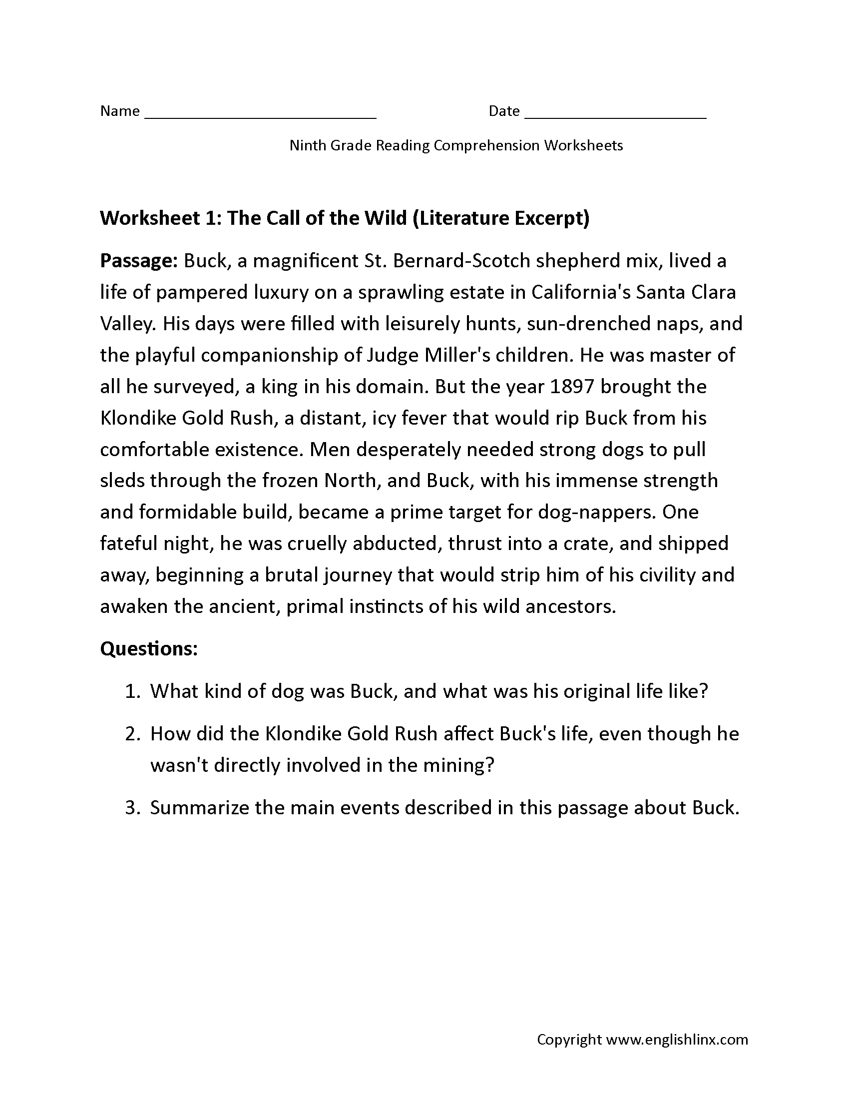 Call of the Wild 9th Grade Reading Comprehension Worksheets