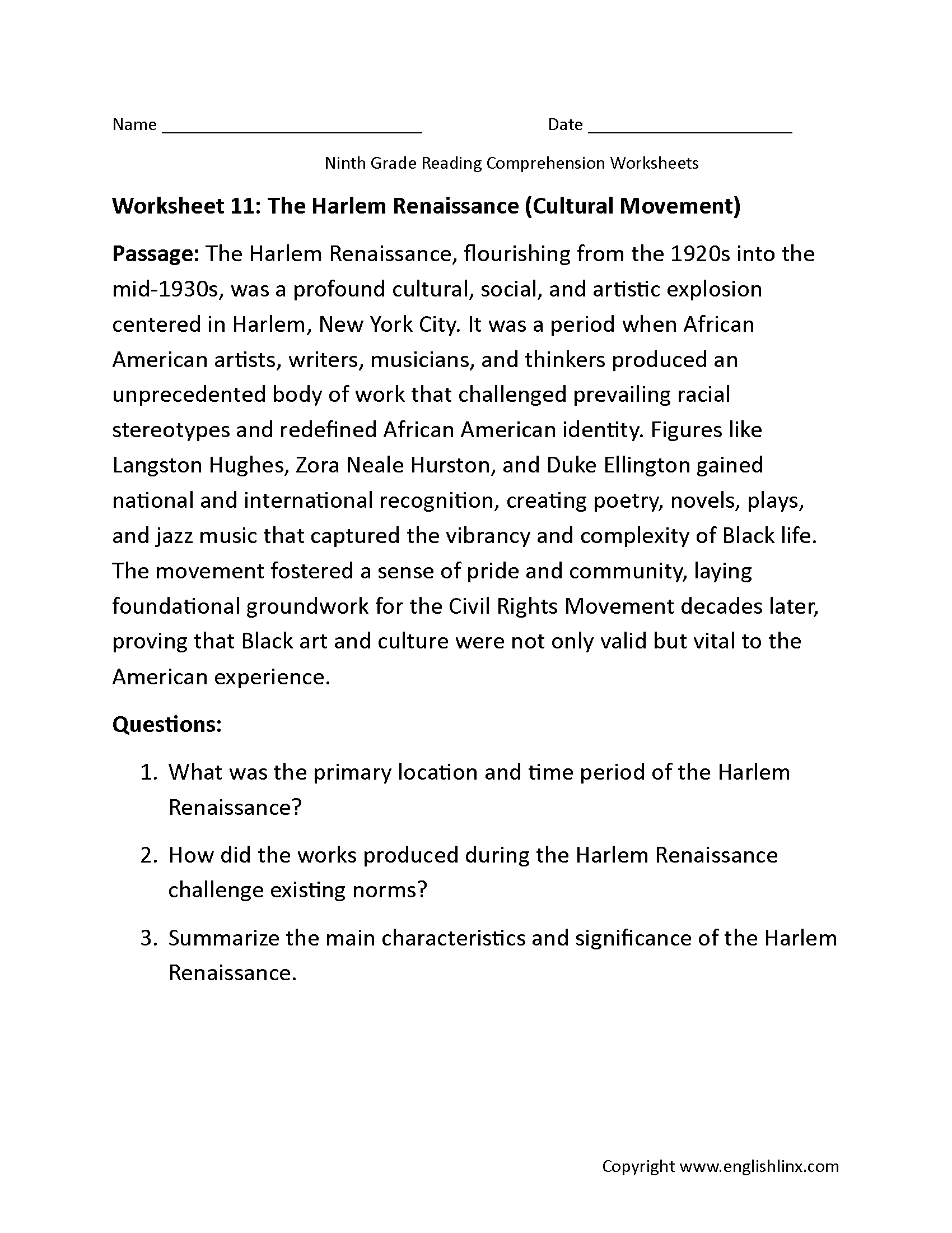 Harlem 9th Grade Reading Comprehension Worksheets