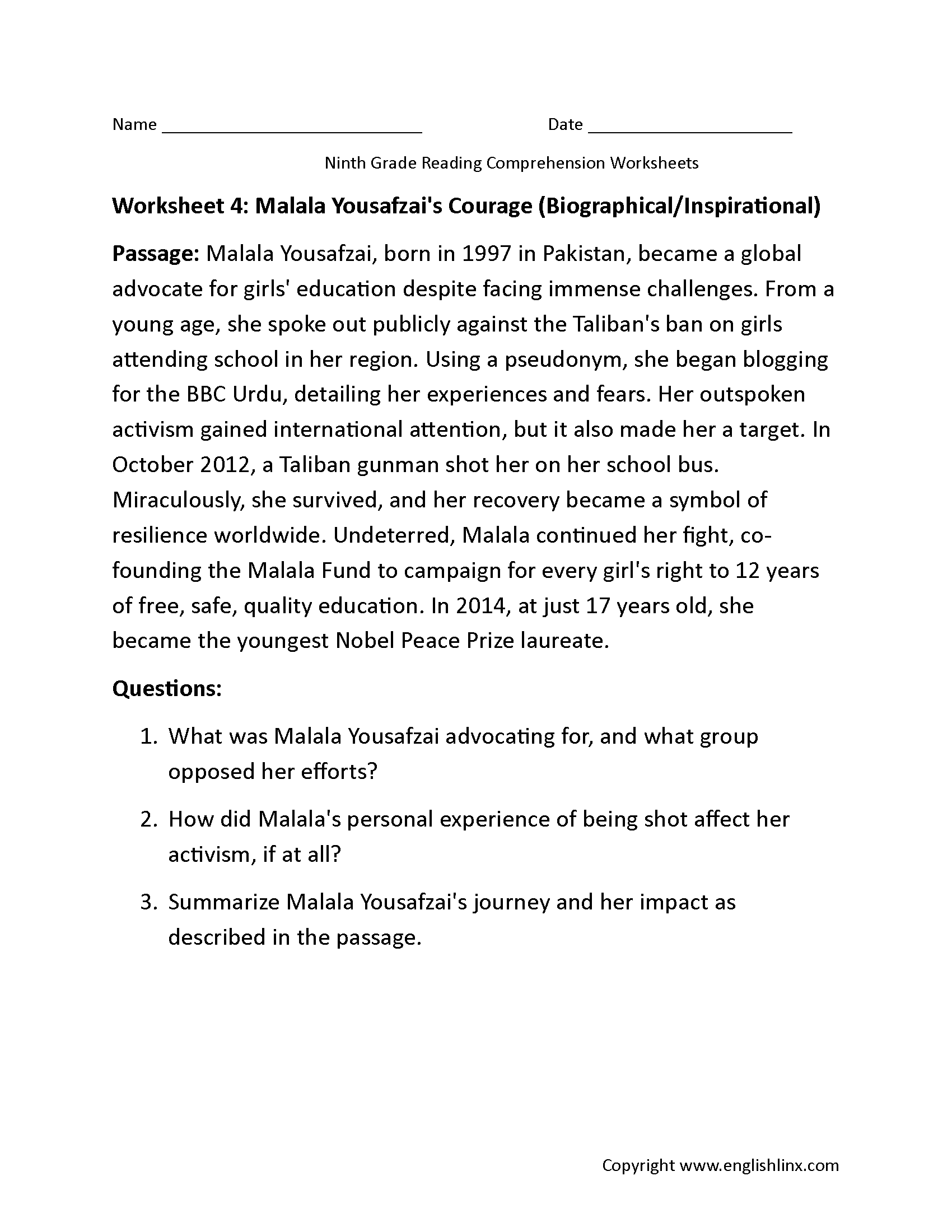 Malala 9th Grade Reading Comprehension Worksheets