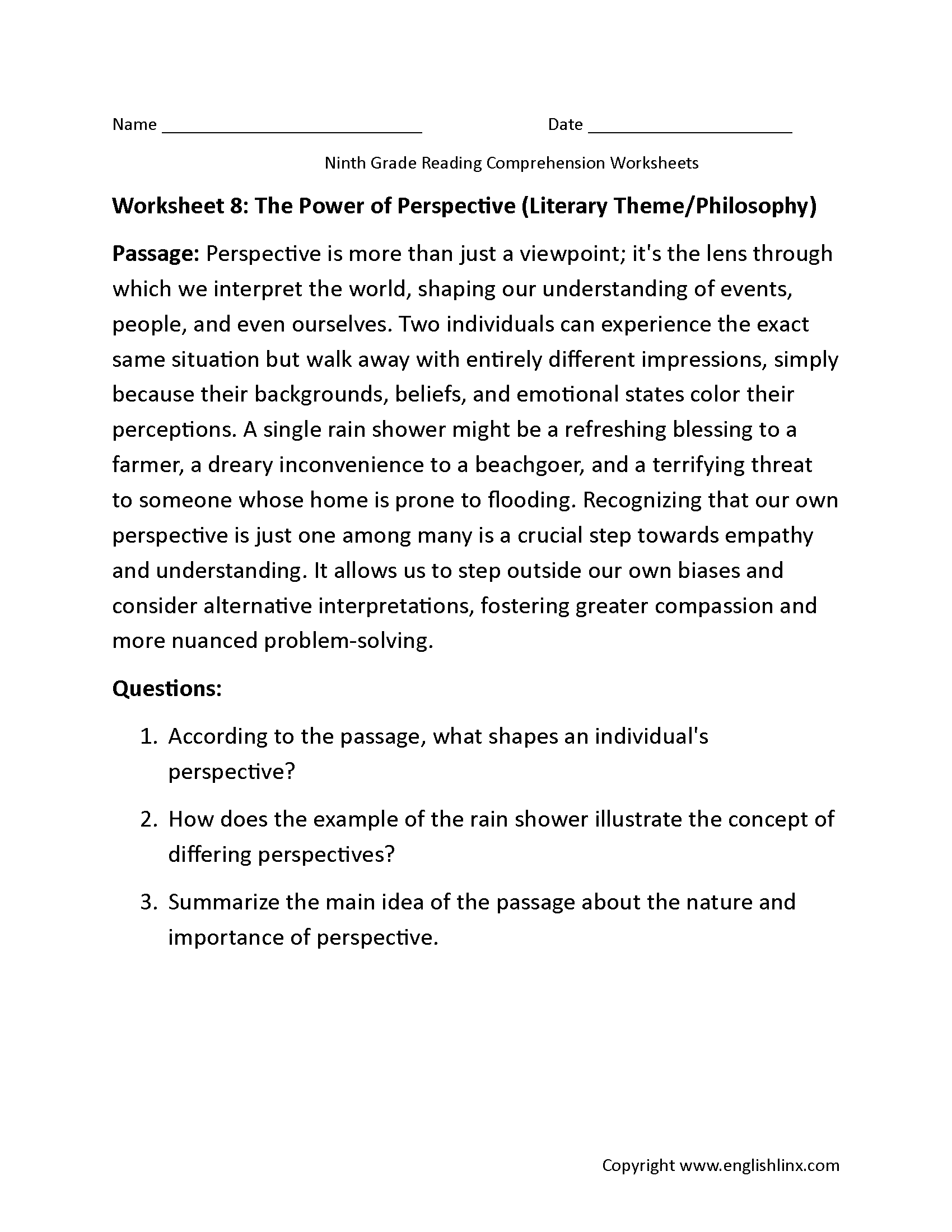 Perspective 9th Grade Reading Comprehension Worksheets