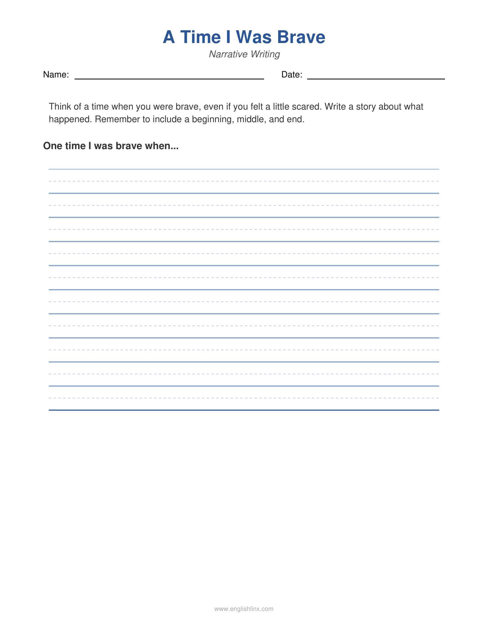 Time I was Brave 2nd Grade Writing Worksheets