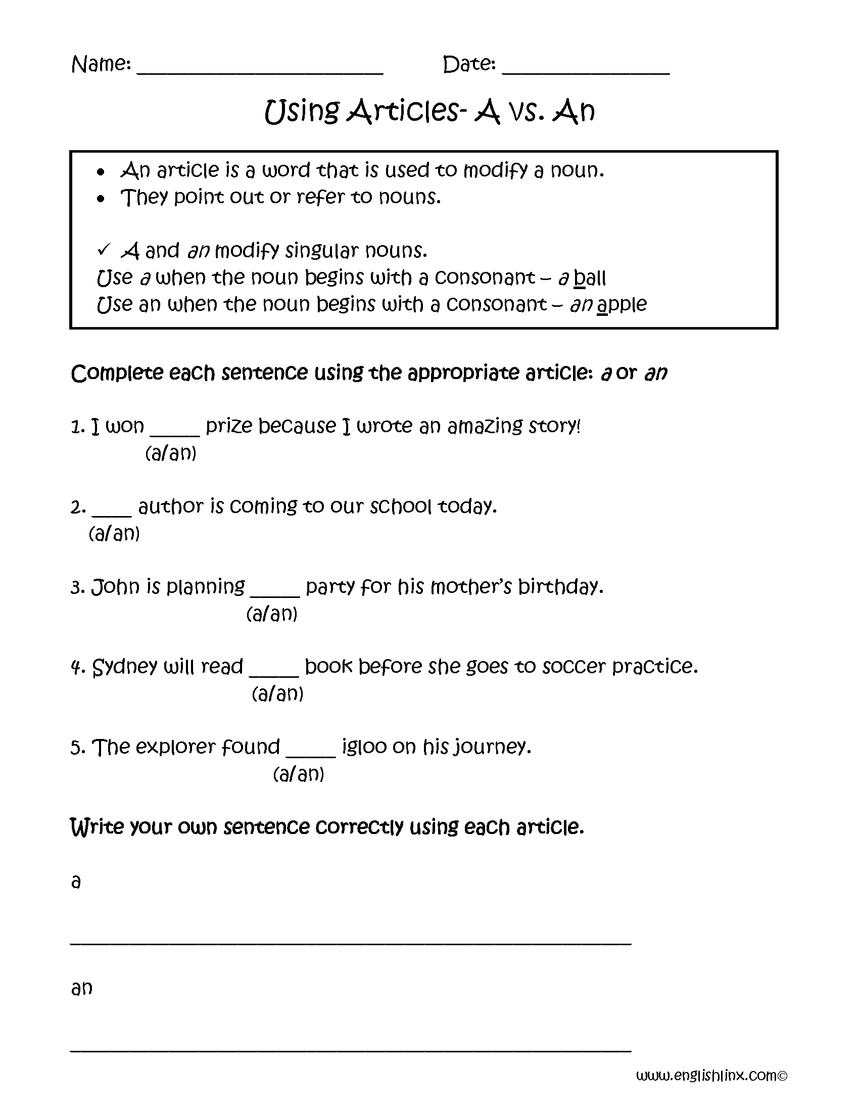 Articles Worksheets A Vs An Articles Worksheets