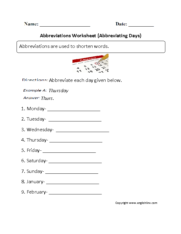 Abbreviating Days Worksheet