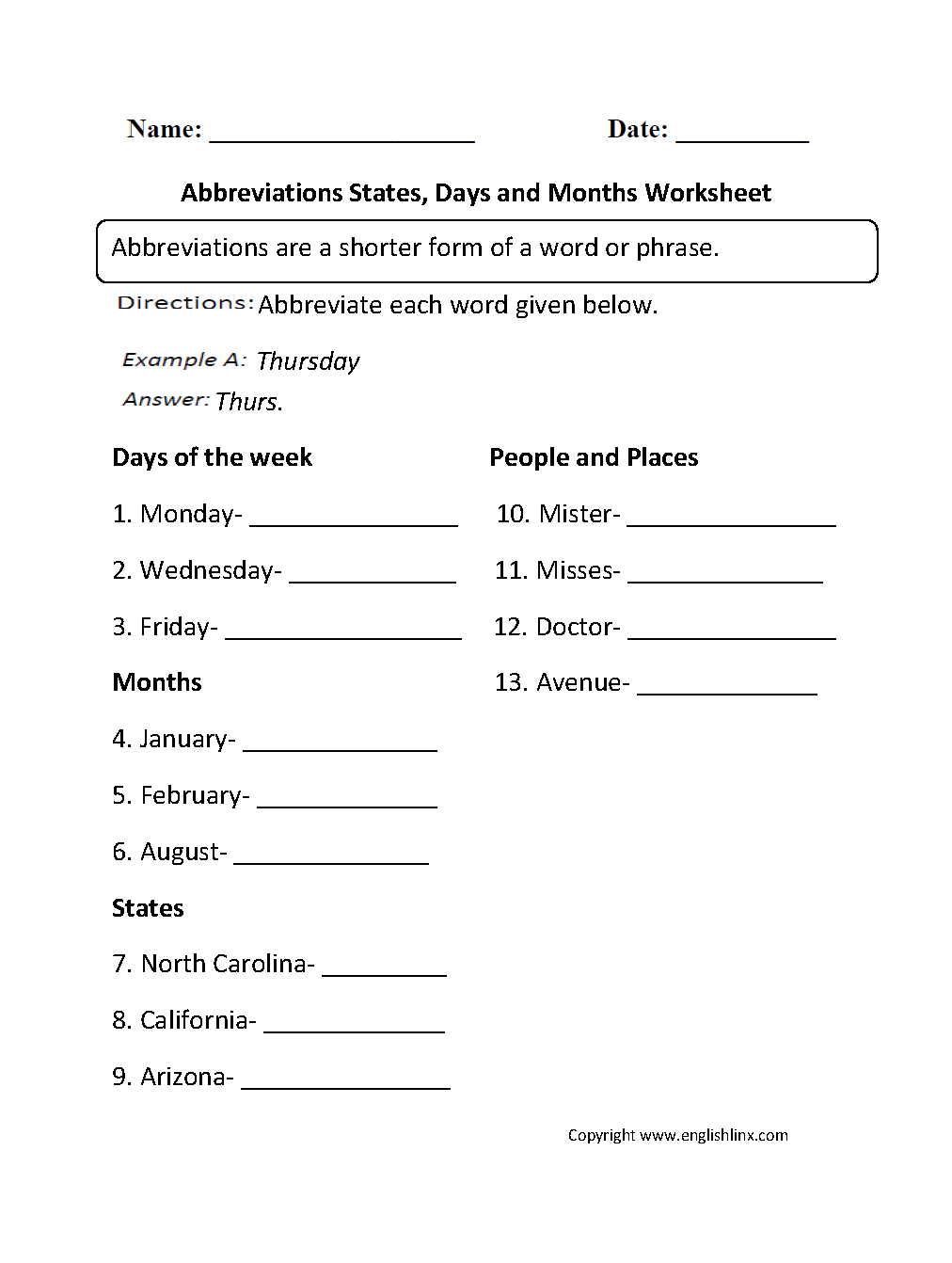 Abbreviating Days, Months and States Worksheet