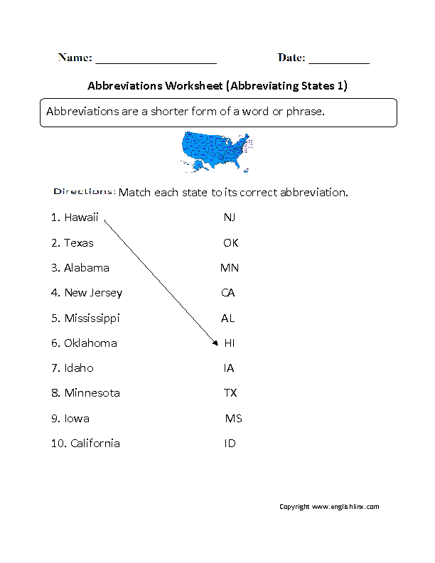 Abbreviating States Worksheet