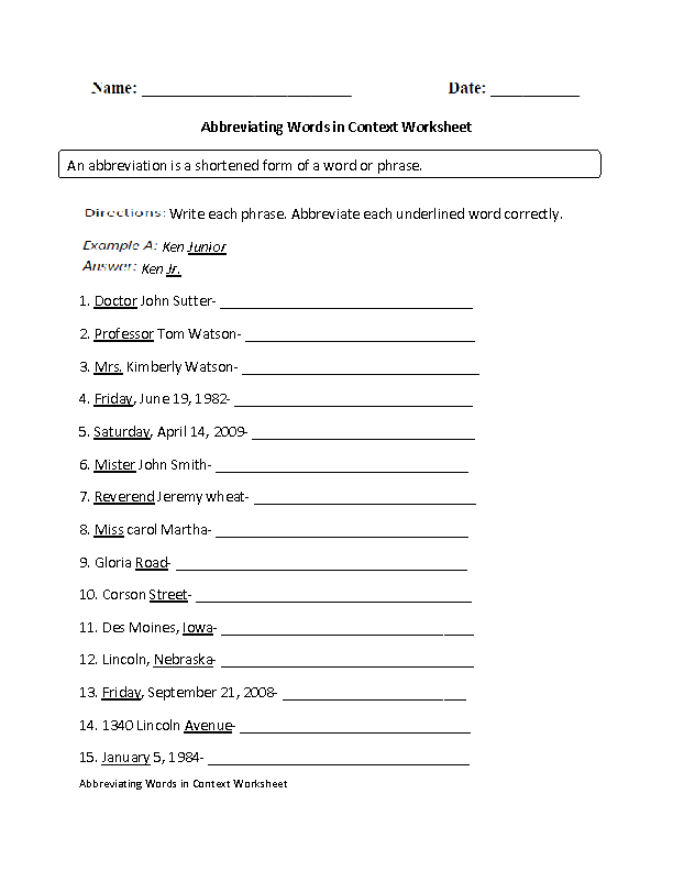 Abbreviating Words in Context Worksheet