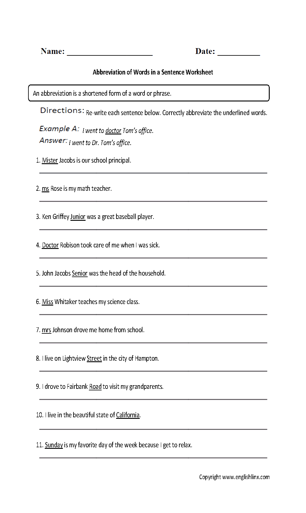 Abbreviation of Words in a Sentence Worksheet