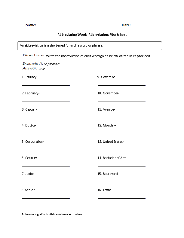 Abbreviating Words Worksheet