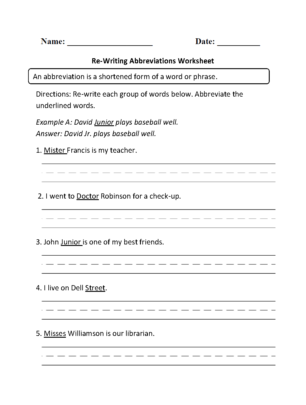 Re-Writing Abbreviations Worksheet