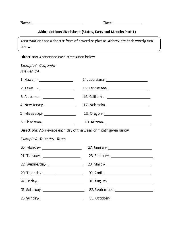Abbreviating States, Days and Months Worksheet