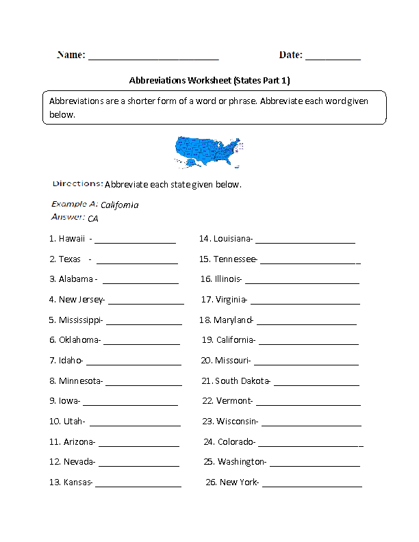 Abbreviation of States Worksheet