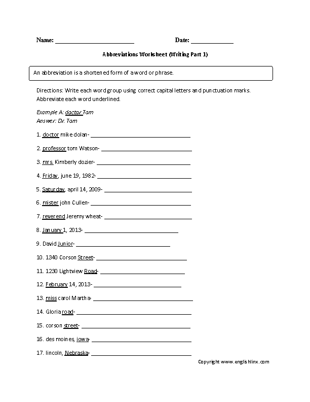 Abbreviating Words in Phrases Worksheet
