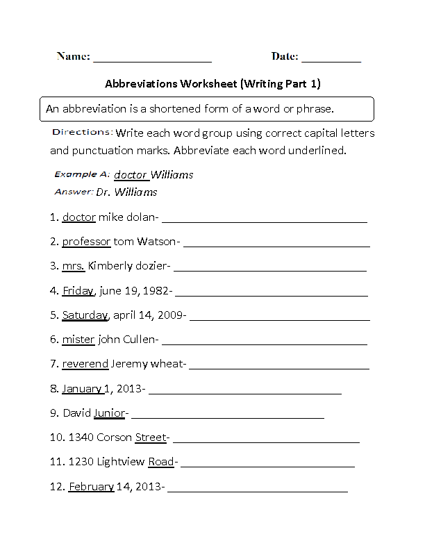 Writing with Abbreviations Worksheet Part 1