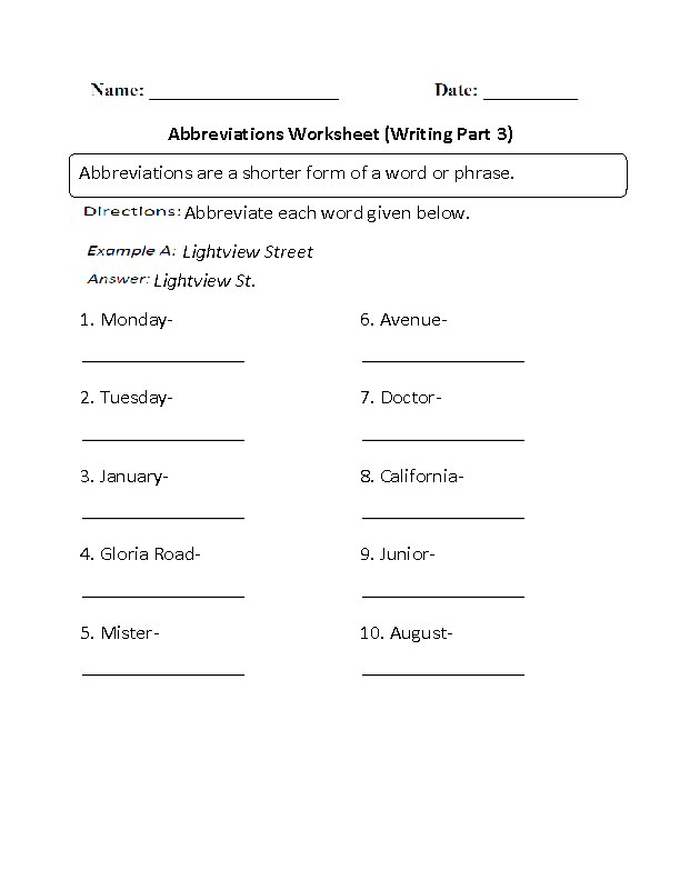 Writing with Abbreviations Worksheet Part 3