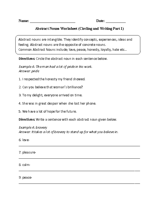 Abstract Noun Grade 4 Worksheet