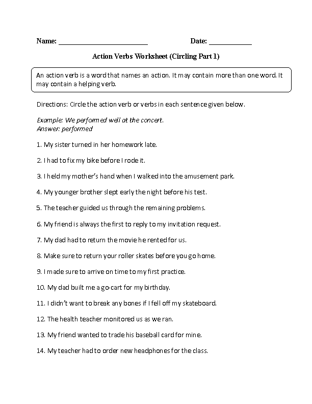 Circling Action Verbs Worksheet Part 1