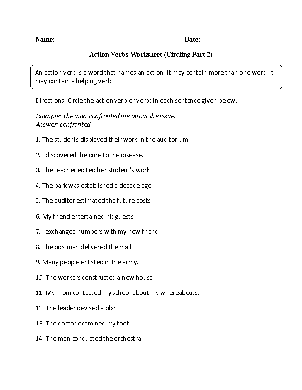 Circling Action Verbs Worksheet Part 2