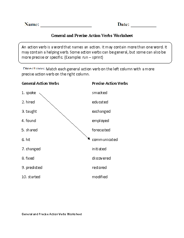 General and Precise Action Verbs Worksheet