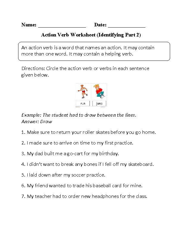 Action Verbs Worksheets Identifying Action Verbs Worksheet Part 2