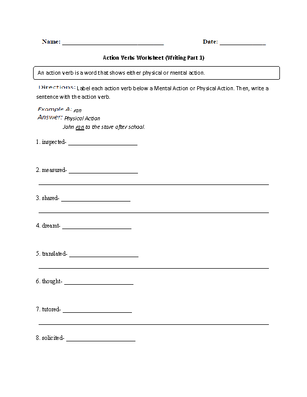 Writing with Action Verbs Worksheet