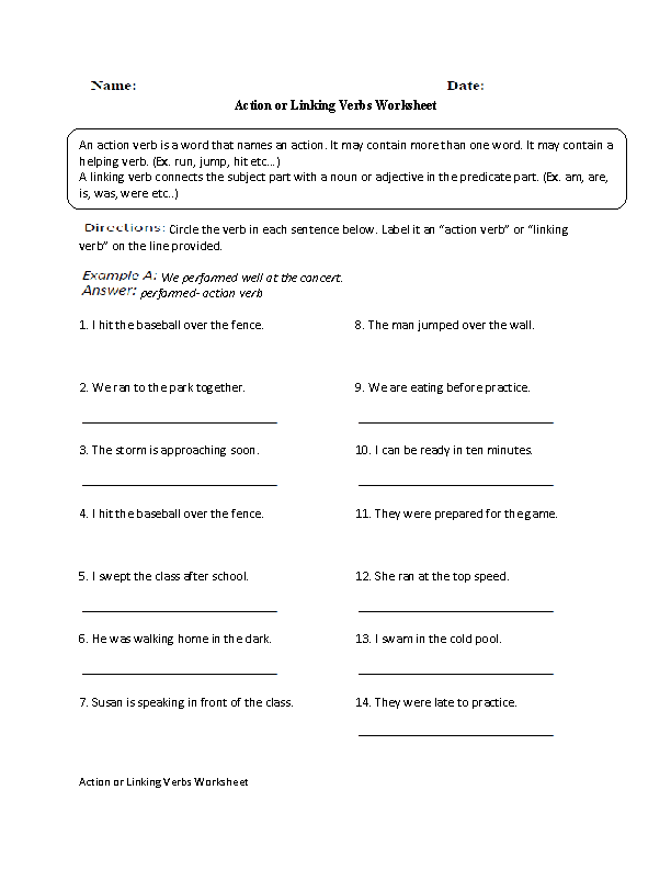 Action or Linking Verbs Worksheet