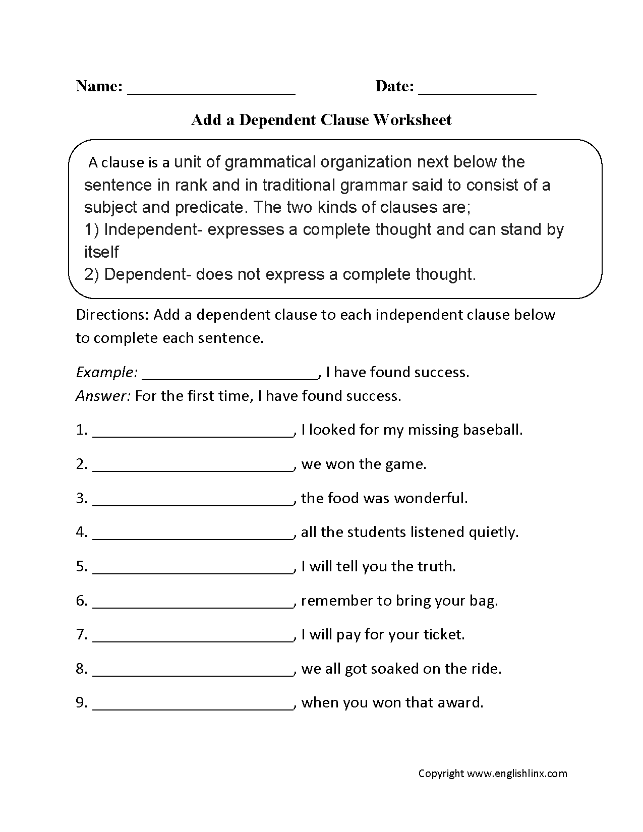 Parts of a Sentence Worksheets | Clause Worksheets