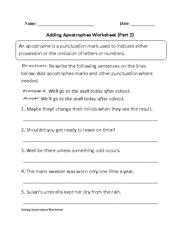 Adding Apostrophes Worksheets Worksheet Part 2