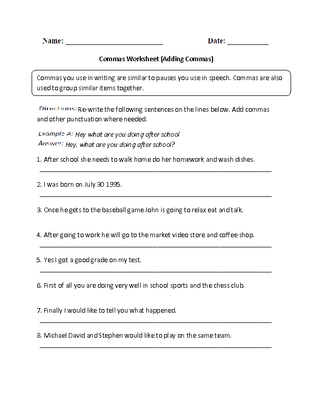 Adding Commas Worksheet