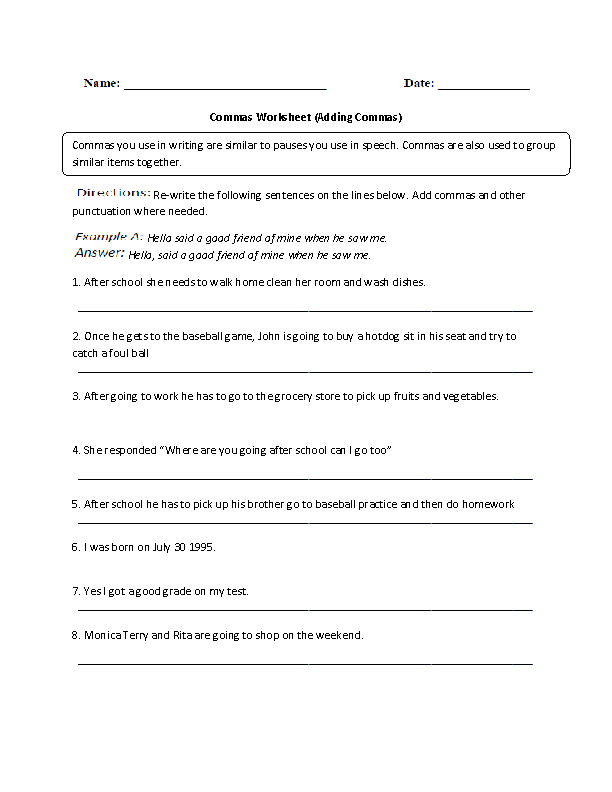 Commas Worksheets Adding Comma Worksheet