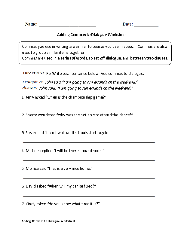 Adding Commas to Dialogue Worksheet