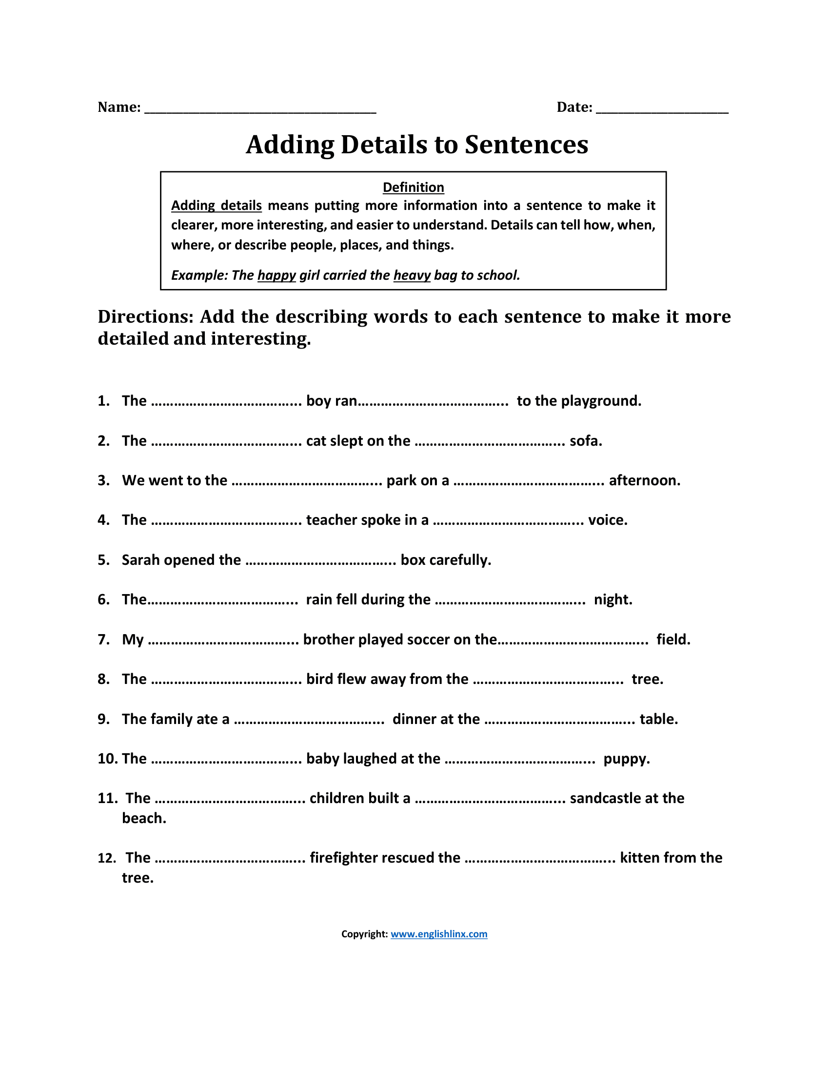 Adding Details Sentence Writing Worksheets