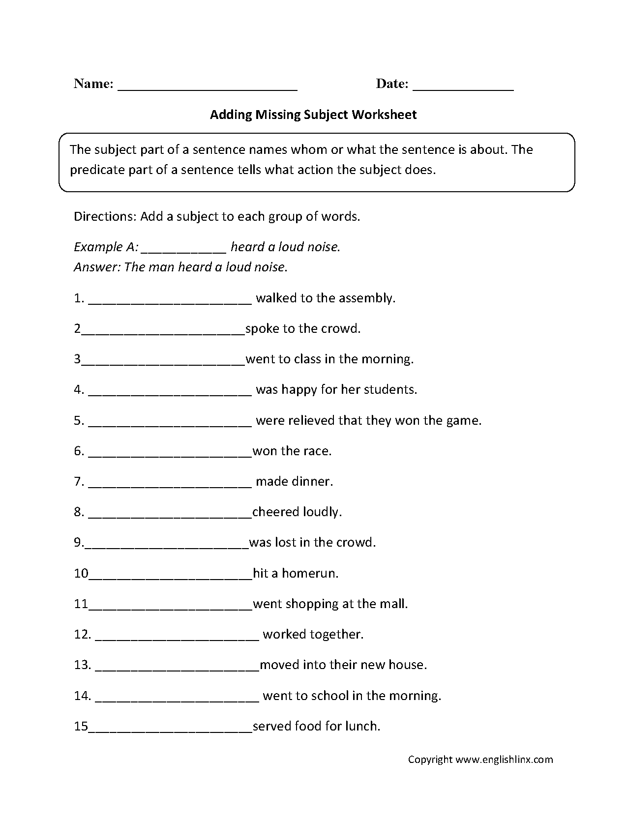 Adding Missing Subjects Worksheet