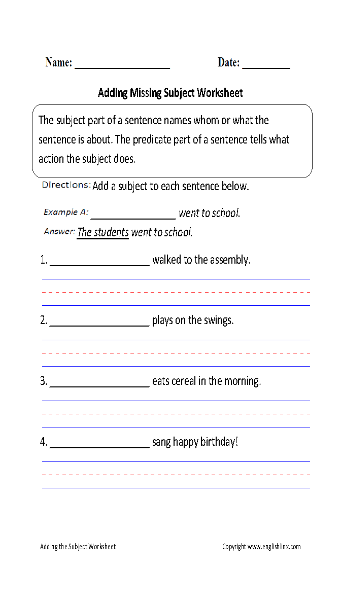 Adding Missing Subject Worksheet