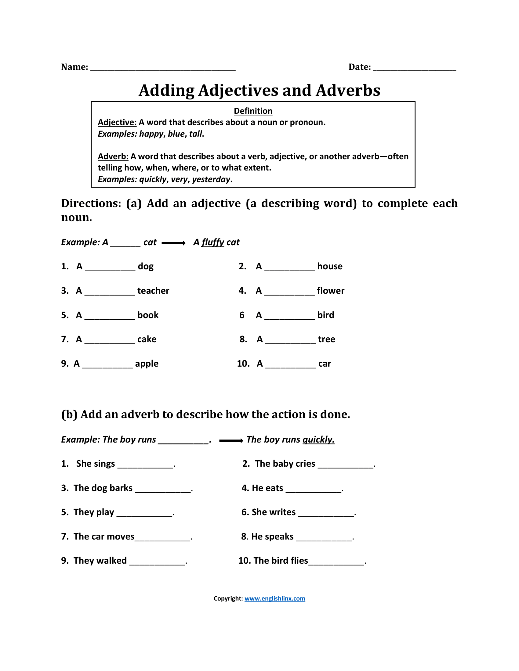 Adding Adjectives and Adverbs Worksheet