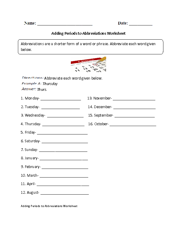 Adding Periods to Abbreviations Worksheet