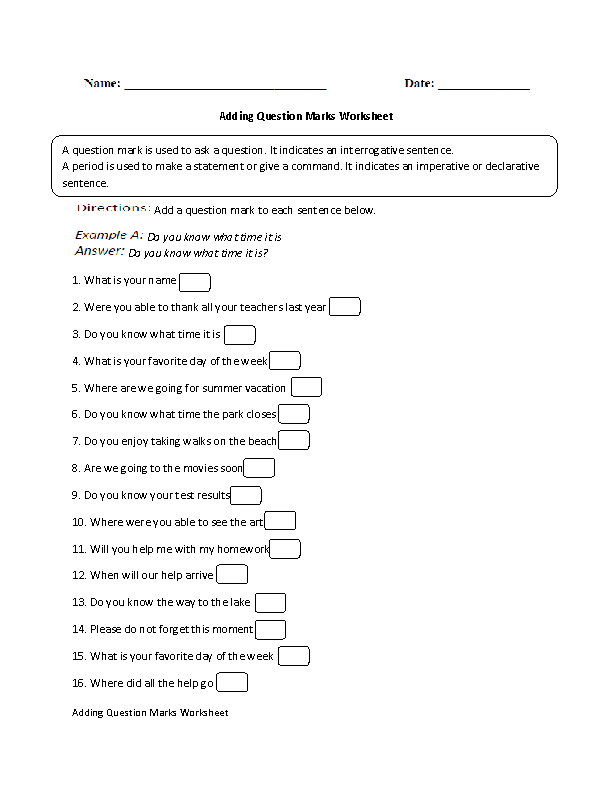 Adding Question Marks Worksheet