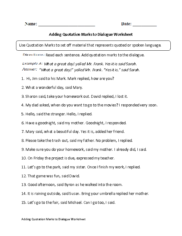 Adding Quotation Marks to Dialogue Worksheet