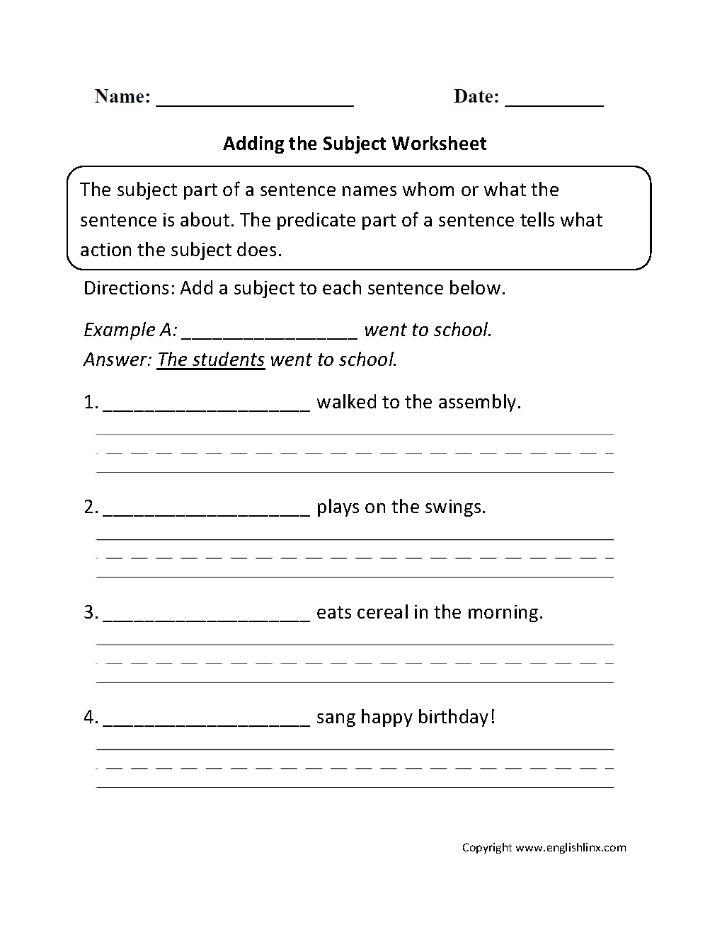 Subject and Predicate Worksheets | Adding the Subject Worksheet