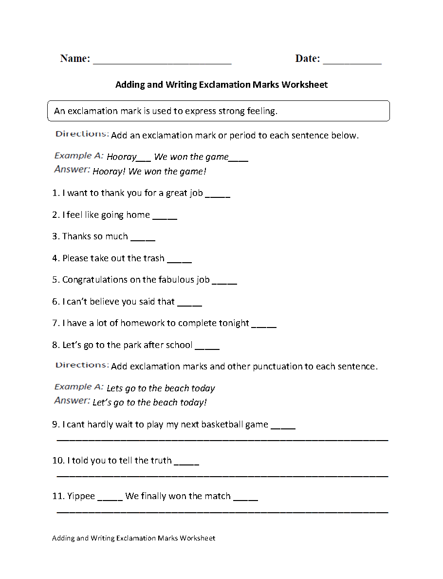 Adding and Writing Exclamation Marks Worksheet