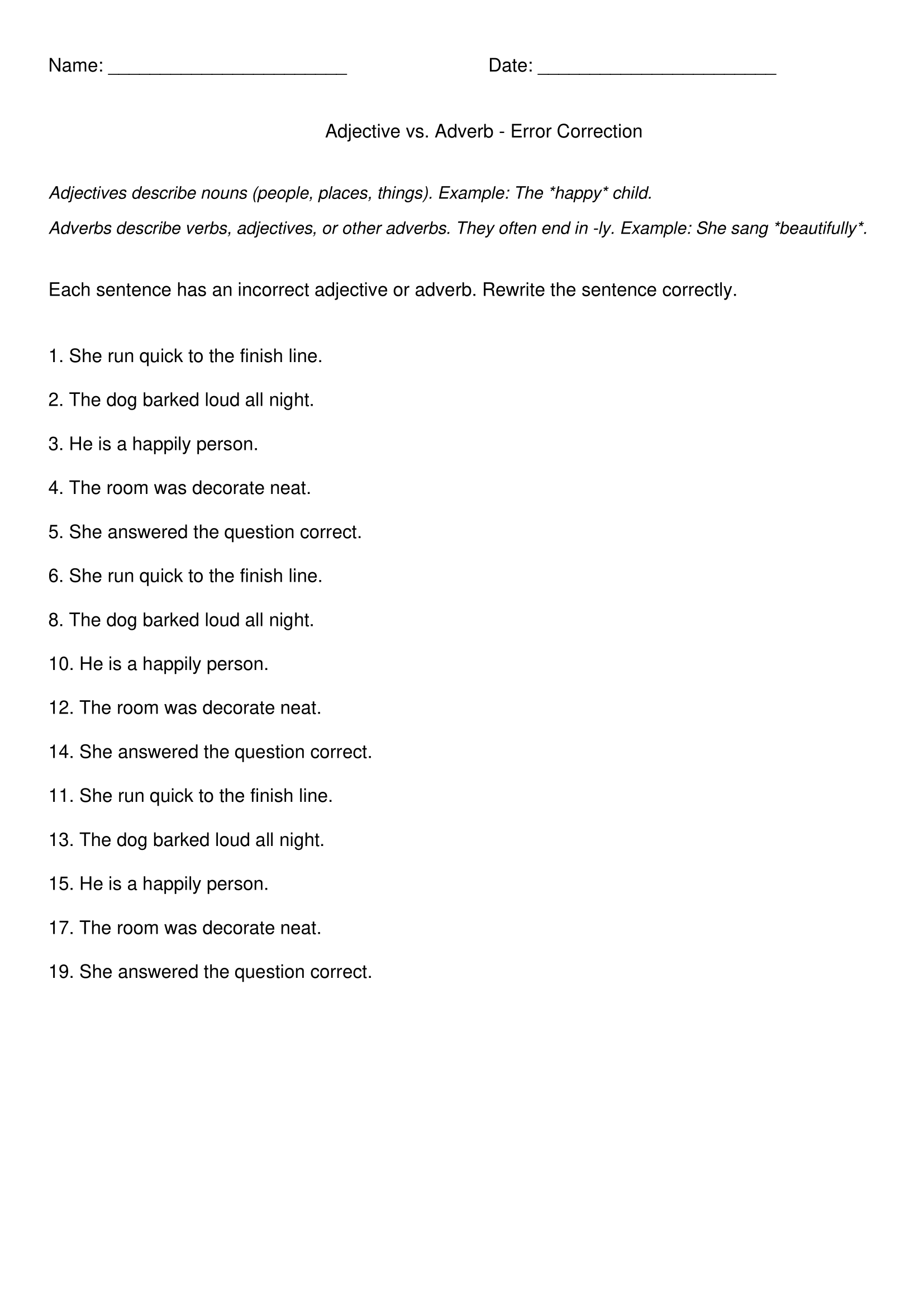 Correcting Adverb vs Adjectives Worksheets