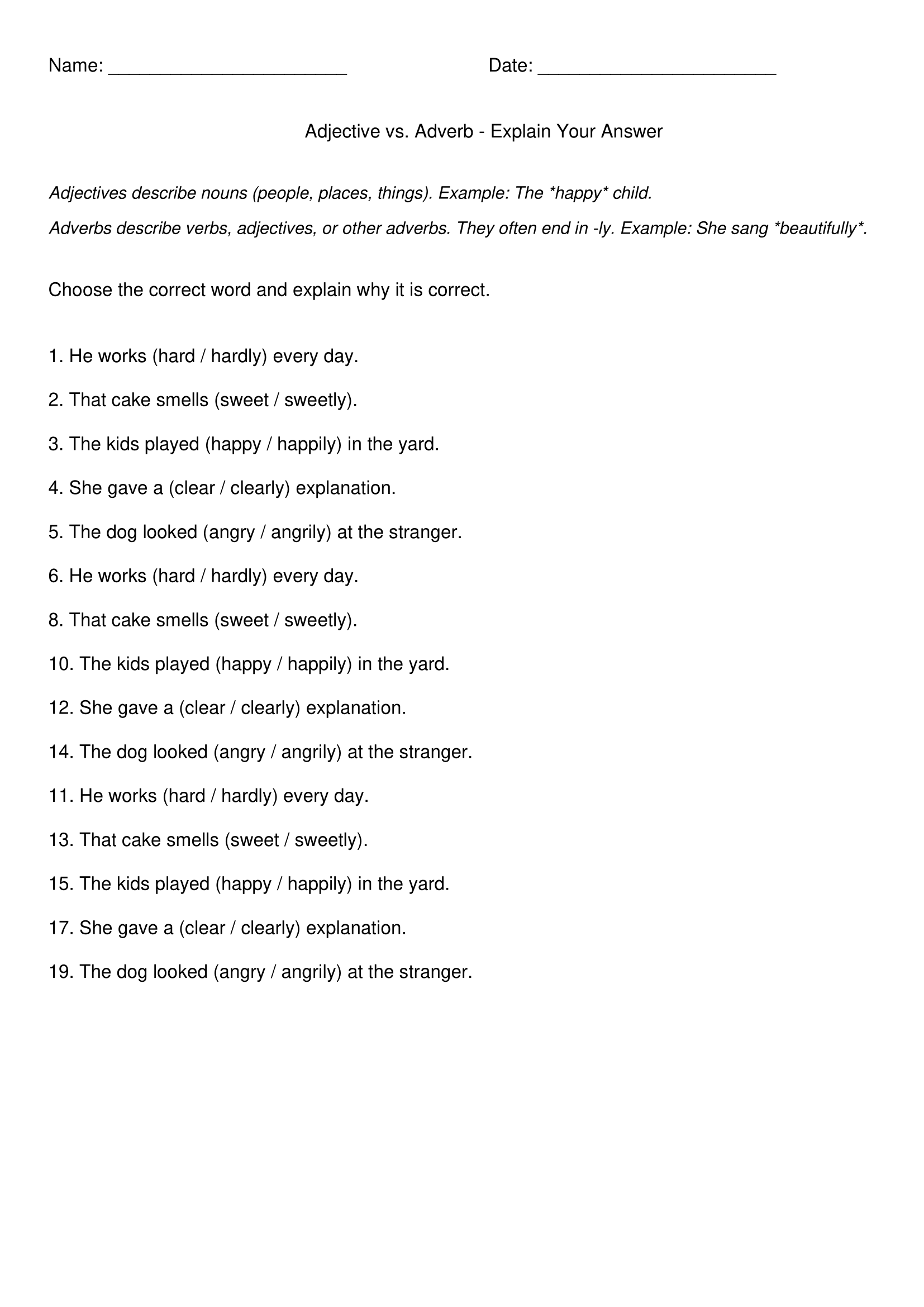 Adverbs vs Adjectives Worksheets