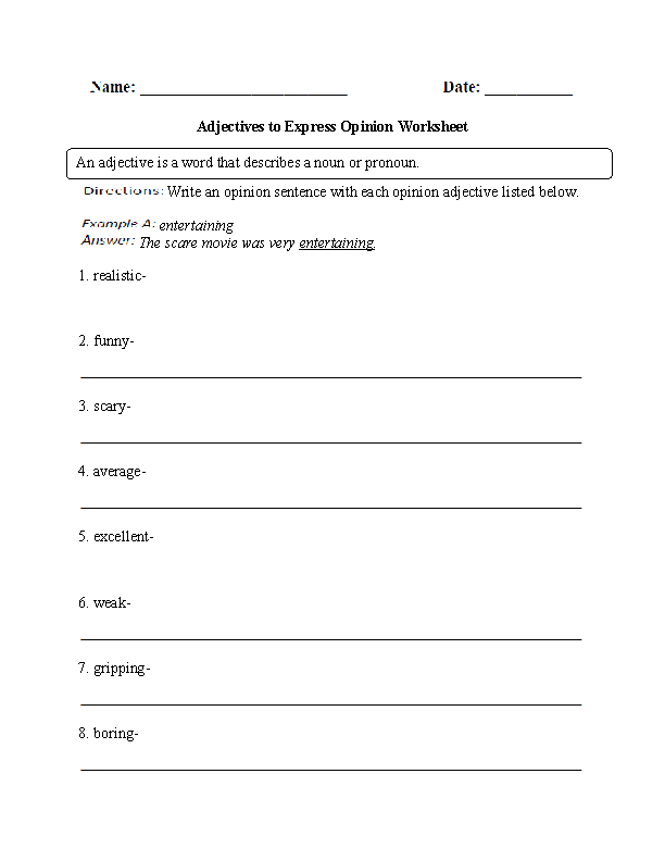 Opinion Adjectives Worksheet