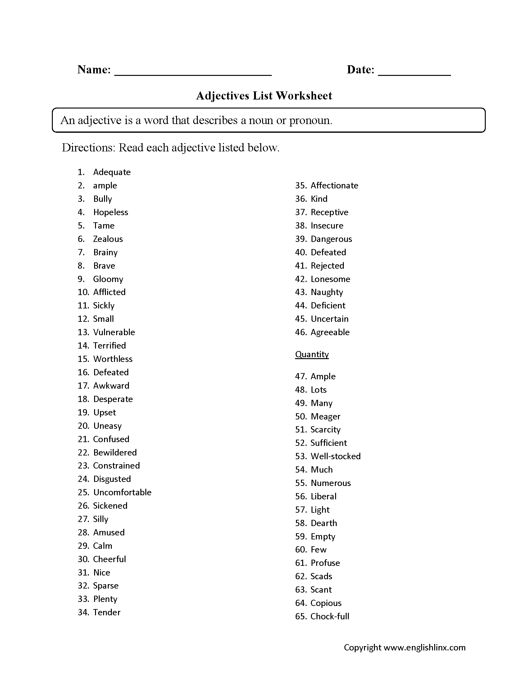 Adjectives List Worksheet
