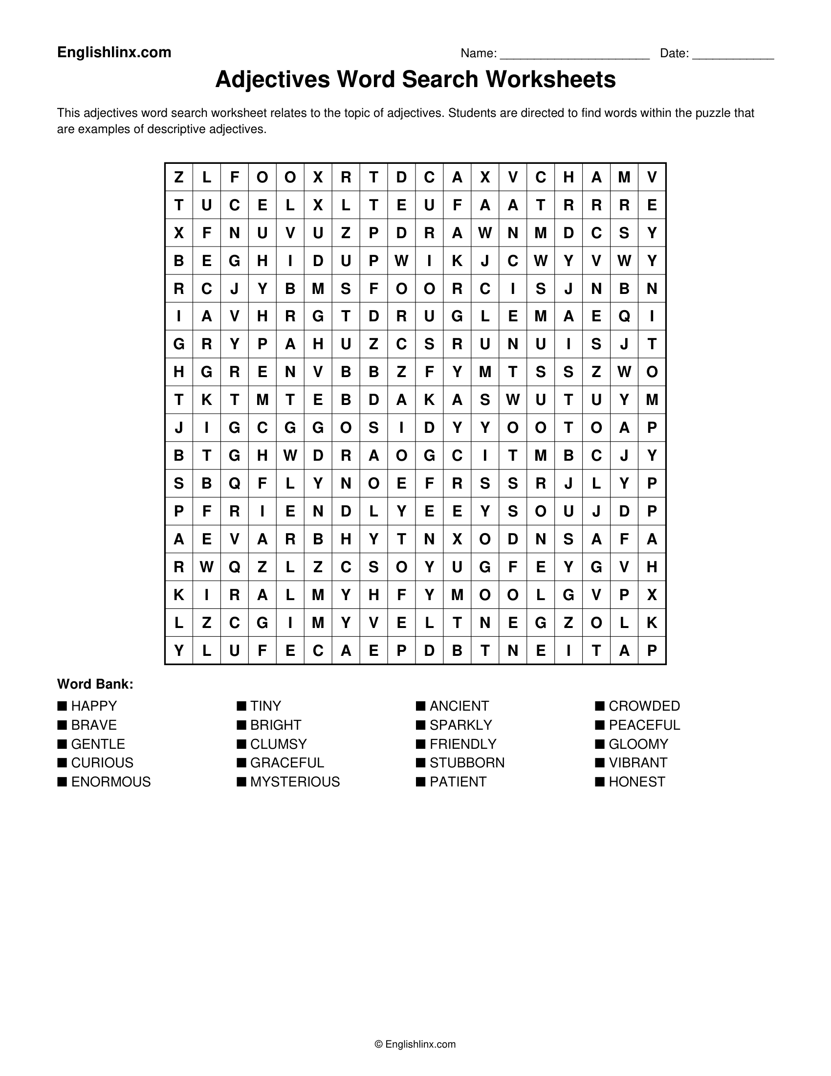 Adjectives Word Search Worksheets