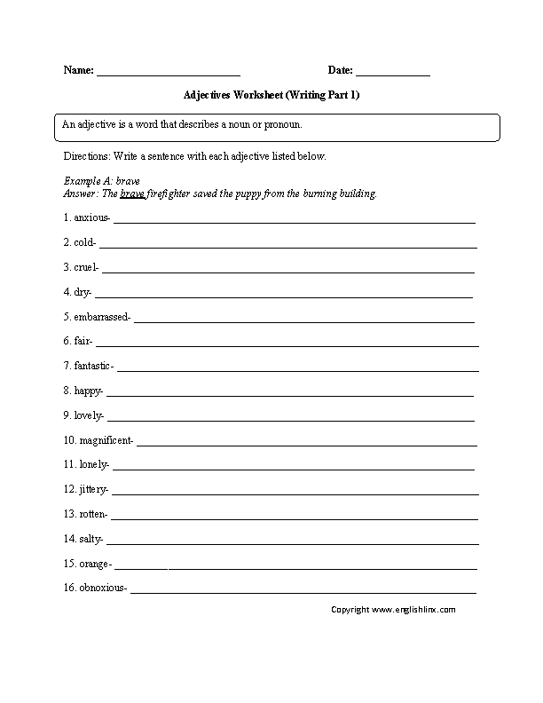 Writing with Adjectives Worksheet