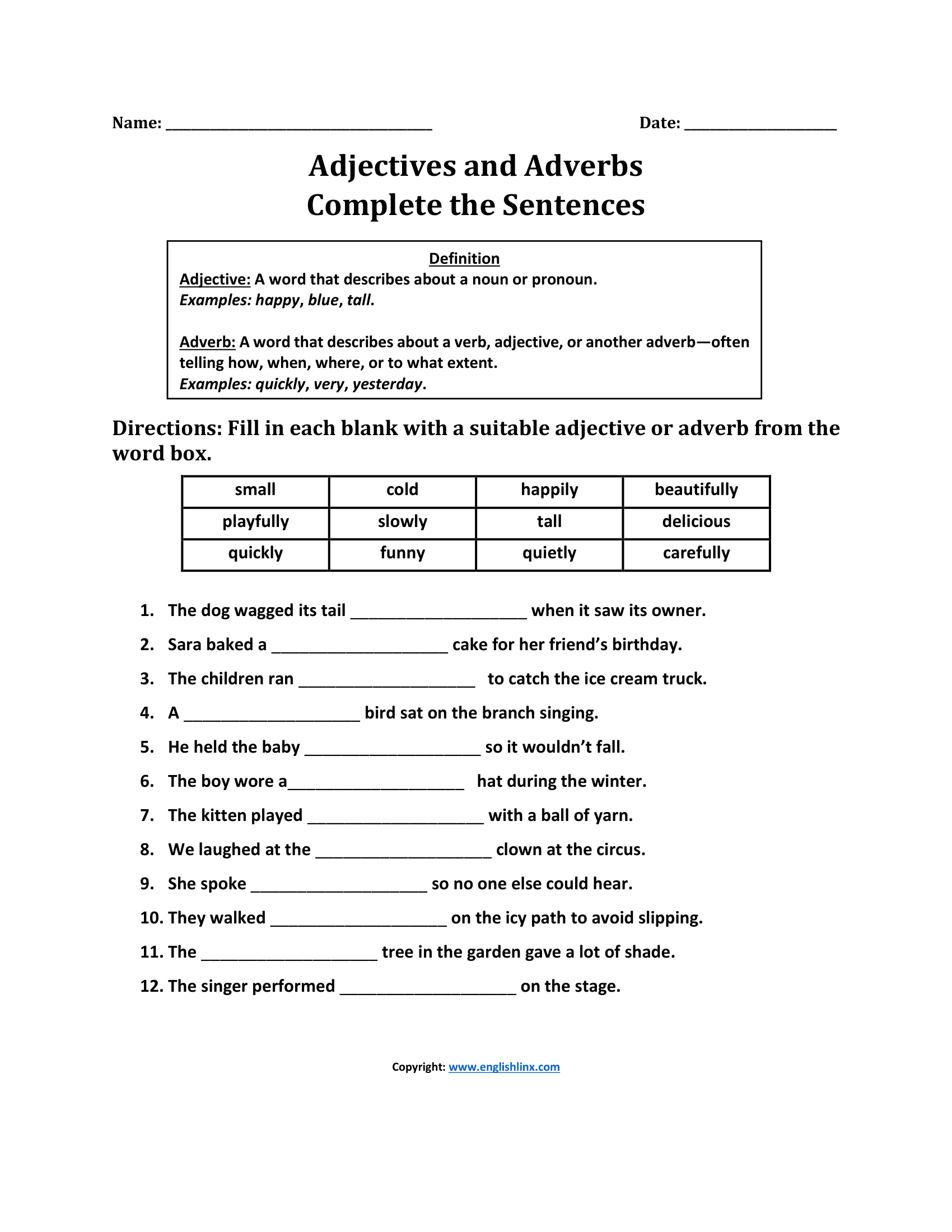 Complete Sentences Adjectives and Adverbs Worksheet