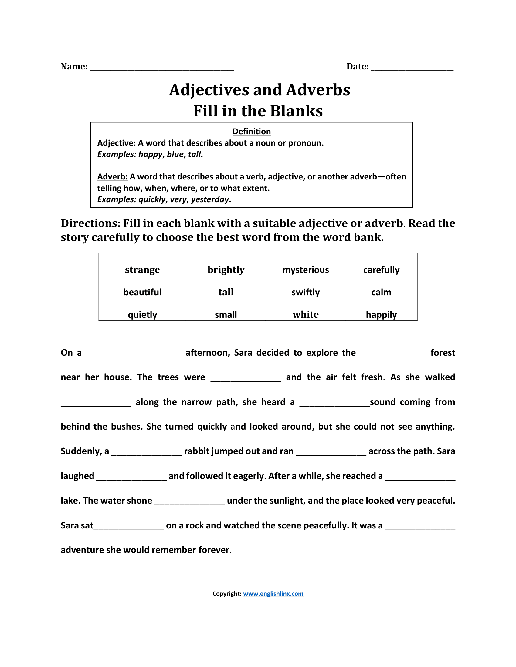 Fill In Adjectives and Adverbs Worksheets