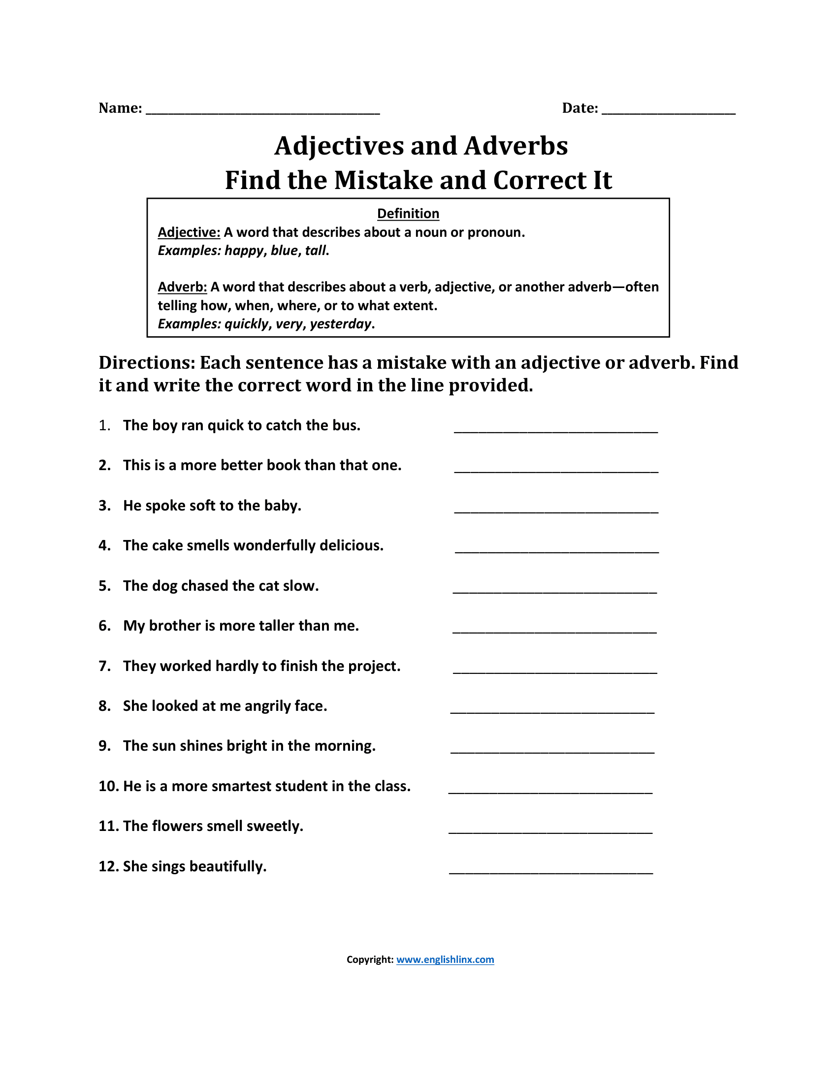 Finding Mistake Adjectives and Adverbs Worksheets