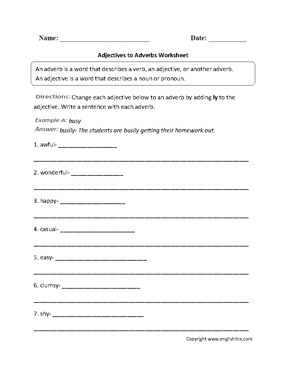 Adjective to Adverb Worksheet