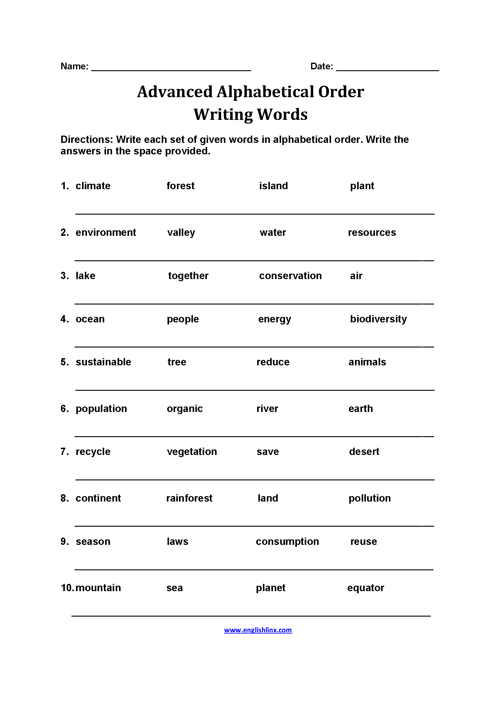 Advanced Alphabetical Order Writing Words Worksheets